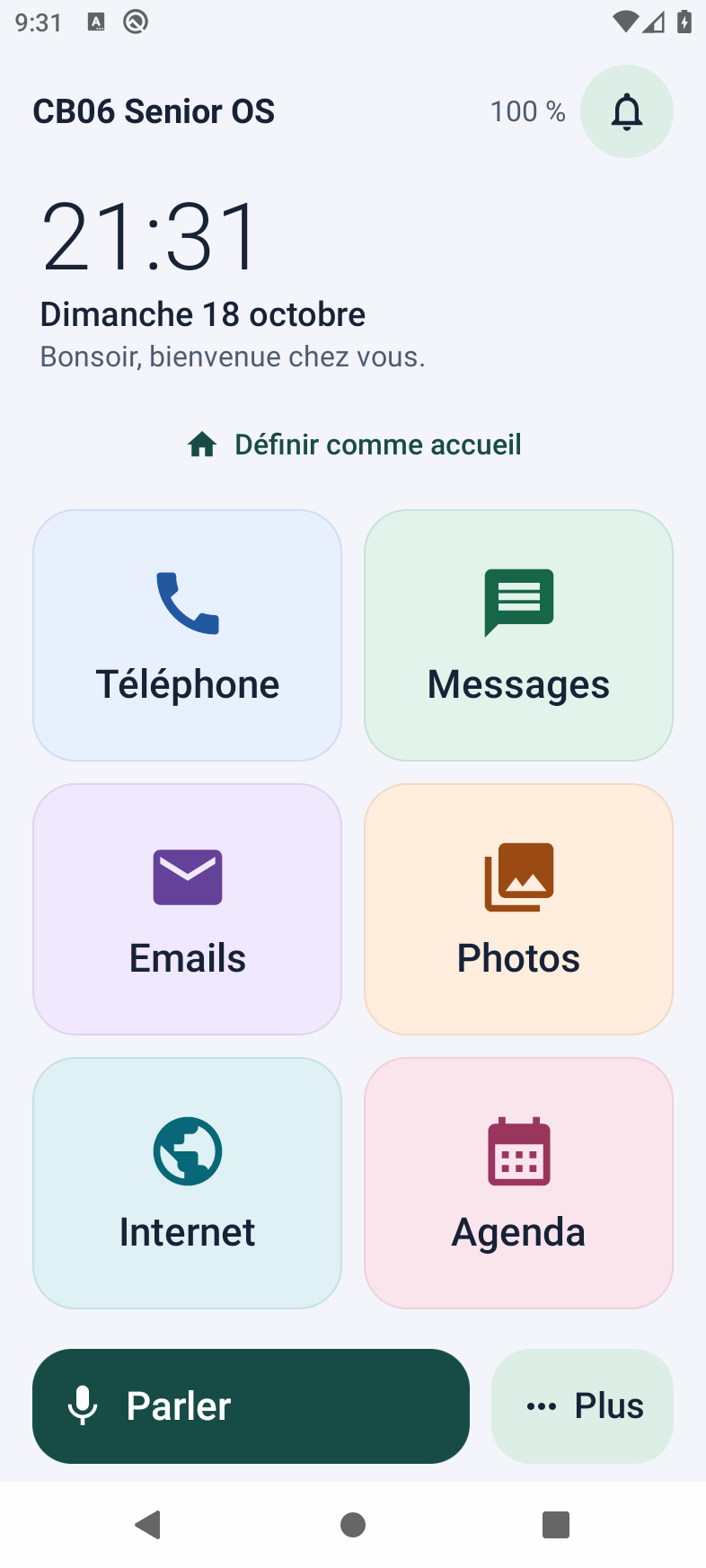 Écran réel de Senior OS alpha 0.4 : grandes tuiles Téléphone, Messages, Emails, Photos, Internet et Agenda.